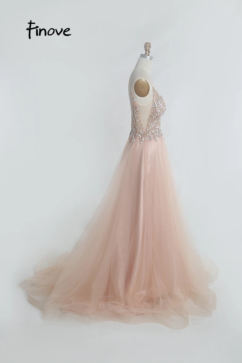 Finove Elegant Prom Dress 2020 Sexy V-neck Illusion Appliques A-line Evening Party Gowns Plus Size