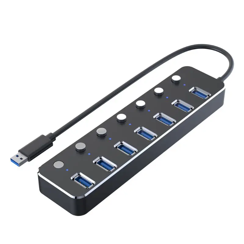 Алюминиевый USB 3,0 концентратор 7 портов USB удлинитель разветвитель с индивидуальным переключателем включения/выключения 667C - Цвет: Черный