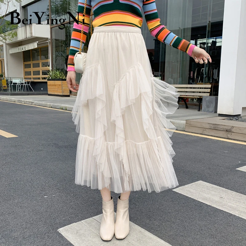 Beiyingni Tulle Midi Skirt Women Fashion 2020 Spring Autumn Casual Tutu Skirts Mesh Pleated Irregular Charming Korean Saia | Женская