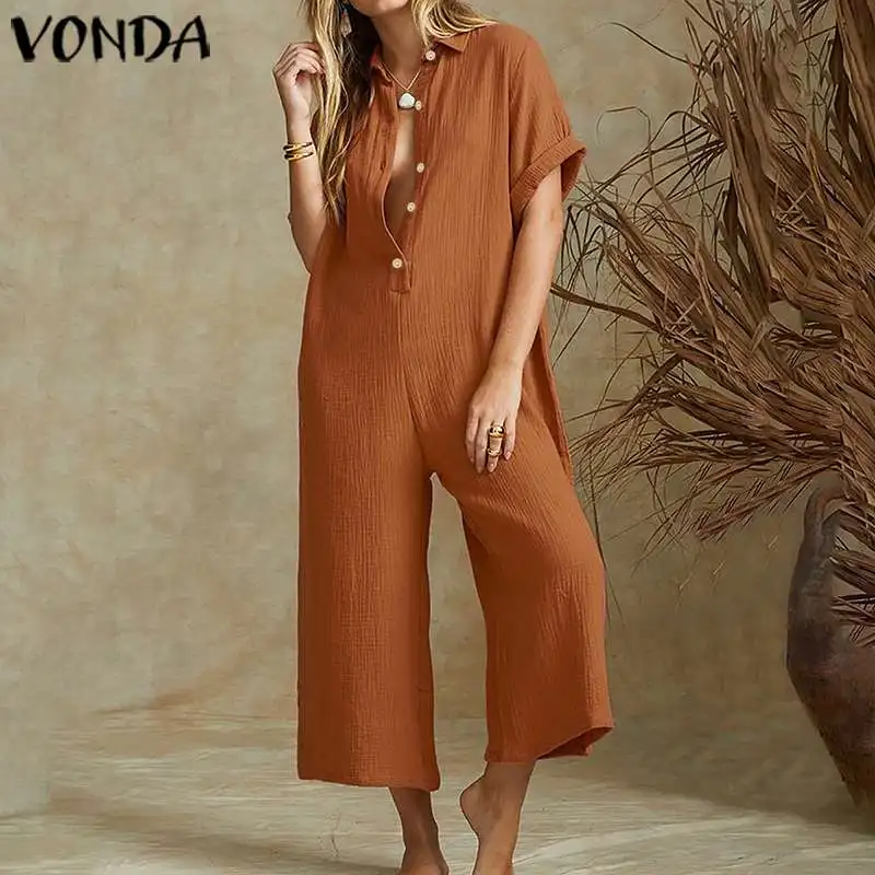 VONDA летние модные сексуальные комбинезоны с коротким рукавом Комбинезоны для женщин широкие повседневные свободные брюки длинные Pantalon 5XL