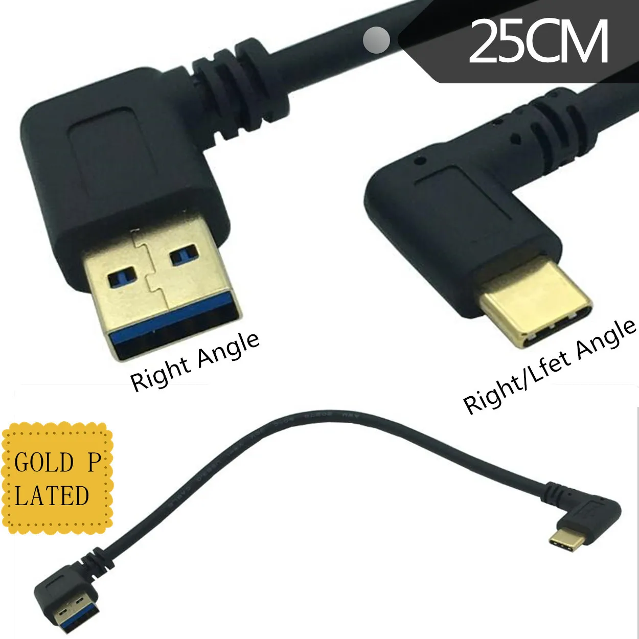 Левый и правый угловой 90 градусов позолоченный USB3.1 type-c USB мужчина к USB maleright DataCharge соединительный кабель 25 см для планшетного телефона