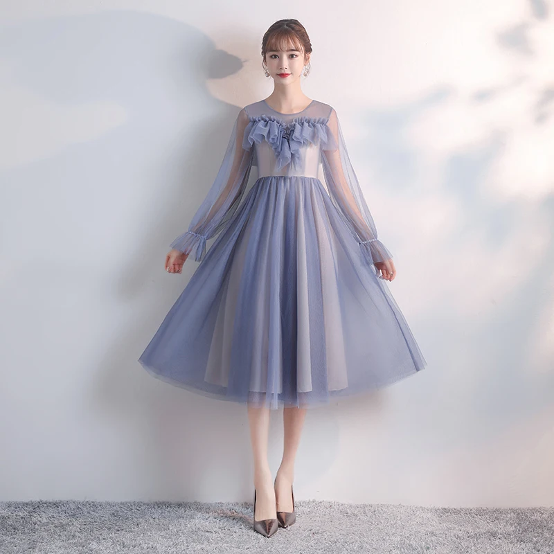 

Junior Tulle Bridesmaid Dresses Long Sleeves Women Wedding Party Tea Length Sister Dress Sexy Prom Azul Royal Vestidos Mujer