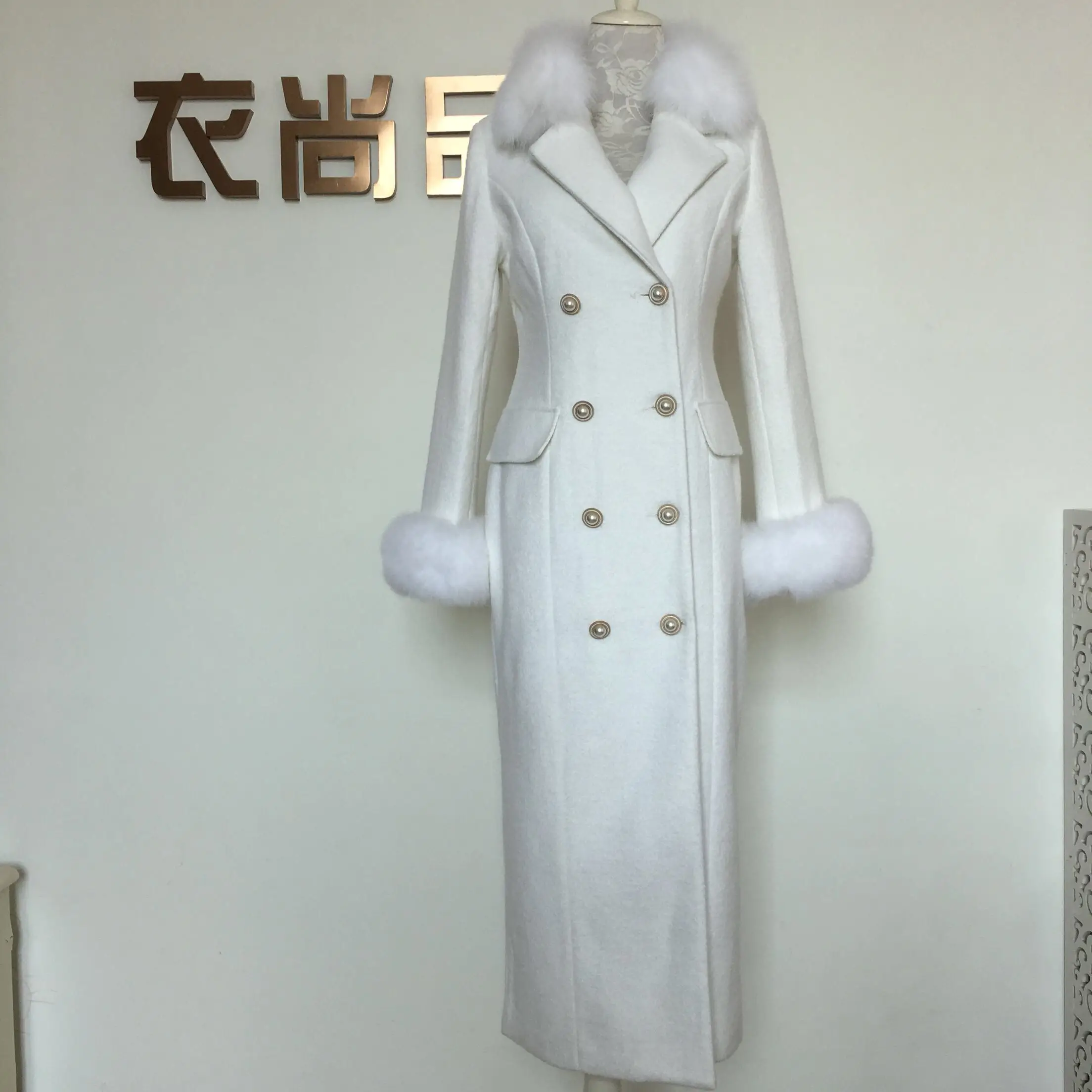 Зимнее модное женское Шерстяное Пальто имитация большого лисьего меха воротник белое кашемировое пальто женское двубортное тонкое пальто - Цвет: white sleeve fur