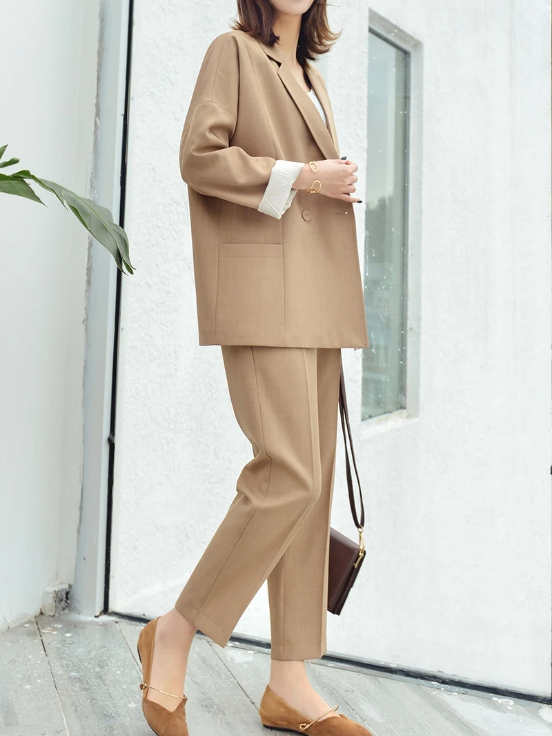 

Business Office Suits Vintage Blazer Sets Workwear Elegant Korean Oversize Women Pant Suits Khaki Grey Navy High Quality