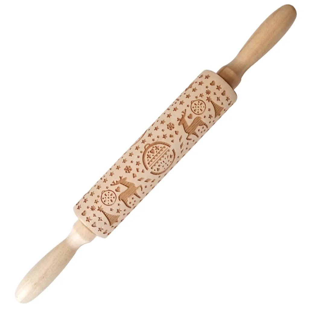 Christmas Rolling Pin Engraved Carved Wood Embossed Rolling Pin Kitchen Tool Cookies Biscuit Fondant Cake Dough Roller#15