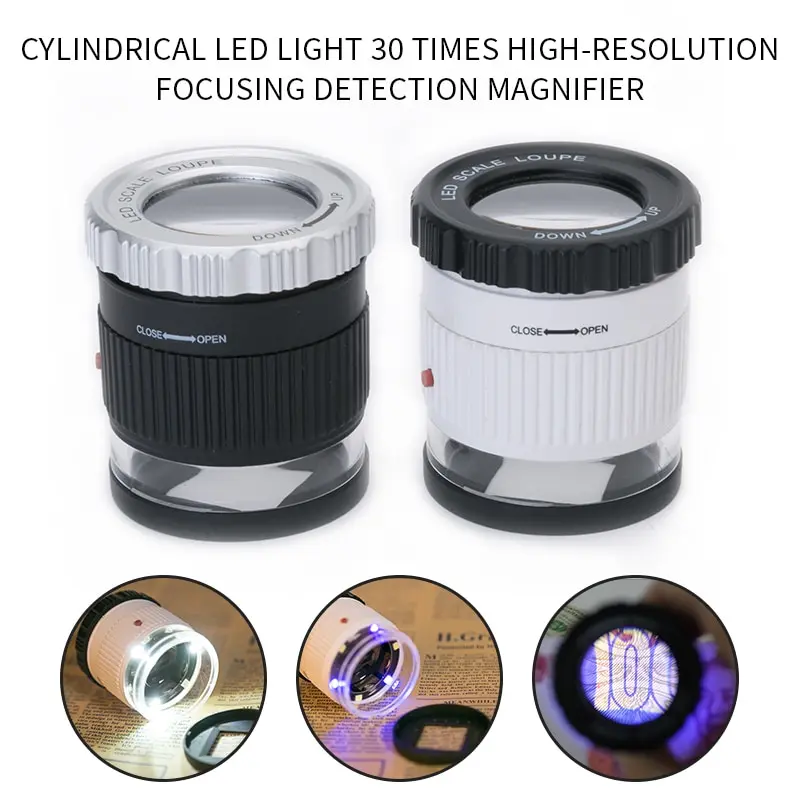 

30X Portable LED Illuminated UV Lights Cylindrical Magnifier Eye Loupe Mini Pocket Jewelry Magnifier Lens Fluorescent Light ABS#