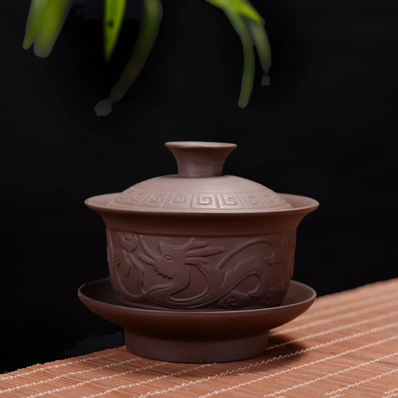 Фиолетовая глиняная чайная супница Gaiwan, китайская керамическая чашка для чая, набор, покрытая чаша с крышкой, чашка, блюдце, китайская чашка, миски, посуда для напитков - Цвет: 01