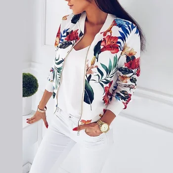 

Vintage Jackets Women Floral Print Bomber Coat Fashion O-Neck Manica Lunga Streetwear Casuale Outwear