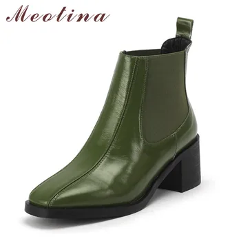 

Meotina Chelsea Boots Women Shoes Real Leather High Heel Ankle Boots Square Toe Block Heels Short Boots Ladies Autumn Green 41