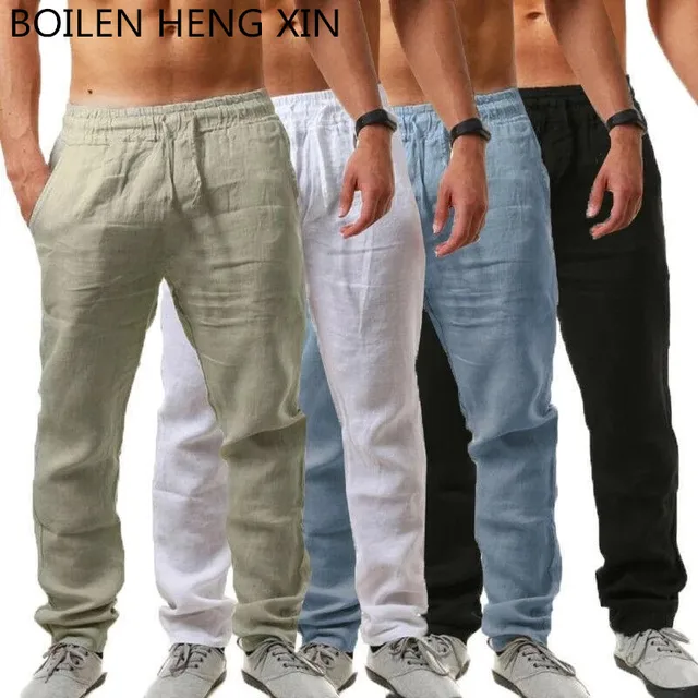 Pantalon en coton et lin pour hommes, couleur unie, taille élastique, ample, Long, respirant, décontracté, Hip-hop, tendance 1