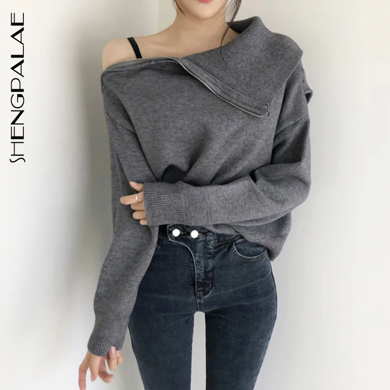 

SHENGPALAE 2019 New Autumn Winter Knitted Black Pullovers Long Sleeve Two Ways Of Wearing Korean Zipper Strapless Sweater FT441