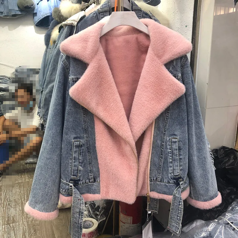 

Fur Denim Jacket Winter Coat Woman New Loose Lapel Mink Velvet Splicing Short Plus Velvet Denim Coat Cotton Padded Parka Mujer