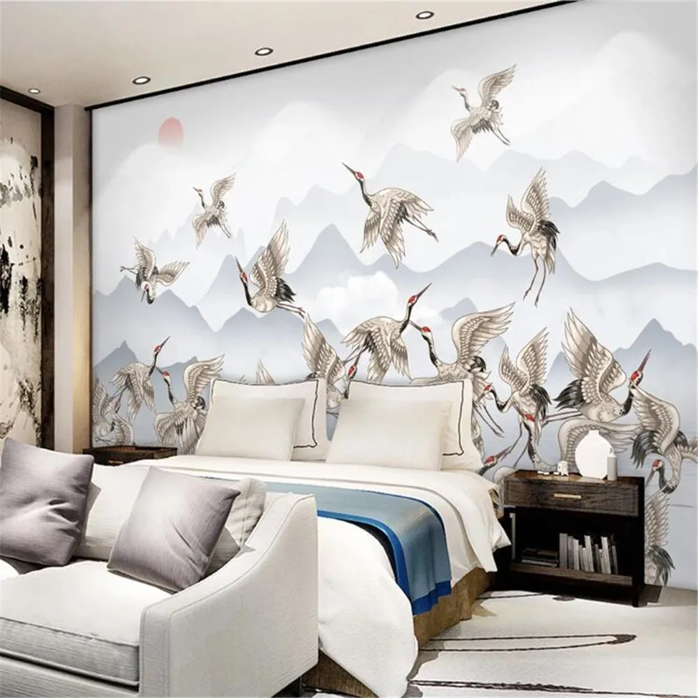 

Milofi custom non-woven wallpaper large wallpaper mural fairy crane background wall new Chinese style ink landscape Zen