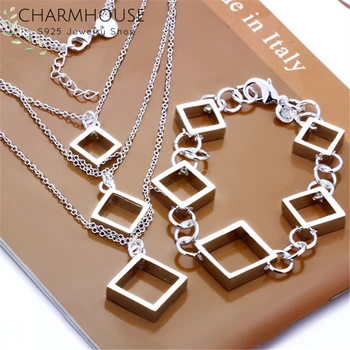 

Charmhouse 925 Silver Jewelry Sets For Women Multi Layer Square Necklace Bracelet 2pcs Jewellery Set Collier Pulseira Wholesale