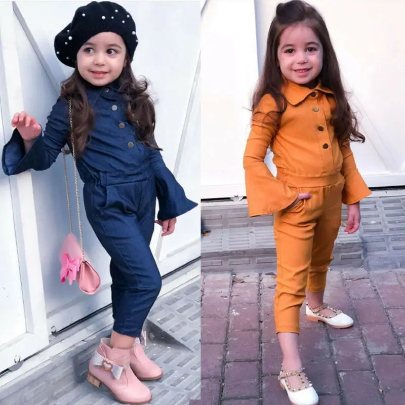 Детский комбинезон с длинными рукавами и колокольчиками для маленьких девочек, комбинезон, штаны, осенне-Весенняя однотонная хлопковая модная одежда, От 2 до 7 лет