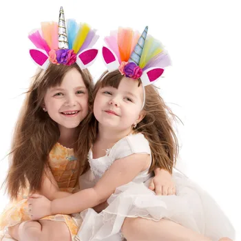 

Children's gauze unicorn headband Parent-child rainbow Halloween party headdress simulation flower costume accessories