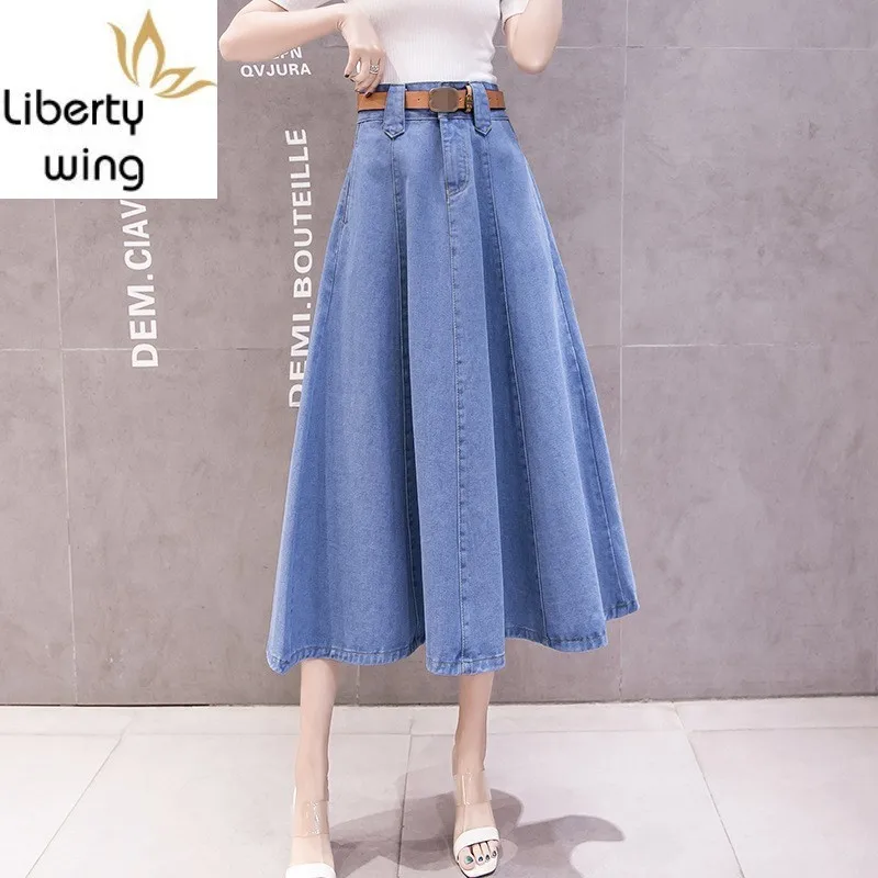 

Fashion New Midi Denim Skirts Womens Vintage High Waist Slim Splice A-Line Streetwear Office Pleated Flared Skirt