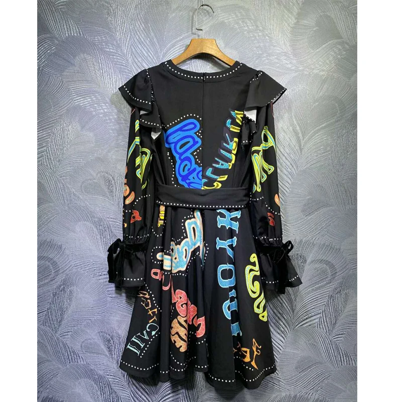 SEQINYY Casual Black Dress Cartoon Letter Print
