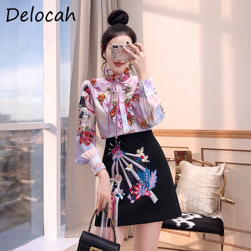 

Delocah Women Autumn Fashion DesignerÂ Skirts Sets Bow Ruffles Printed Loose Blouses + High Waist Short Skirts 2 TwoÂ PiecesÂ Suits