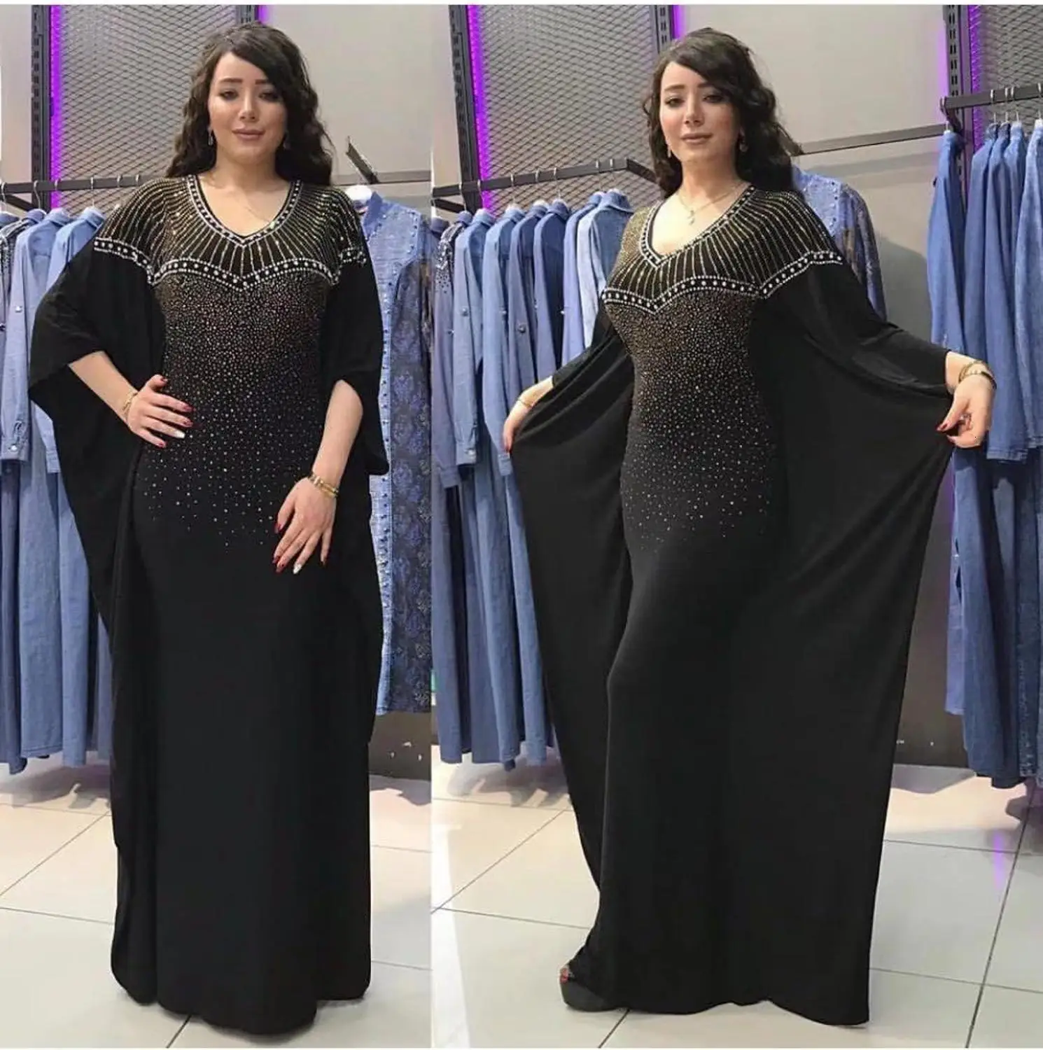 African Design Beading Dashiki Dress Bat Sleeve Elegant Muslim Bazin Maxi Robe Gowns Broder Riche Sexy Loose Traditional