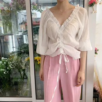 

Korean Two 2 Piece Set Women Flare Sleeve Drawstring Draped Blouses and High Waist Wide Leg Long Pants Elegant Conjunto Feminino