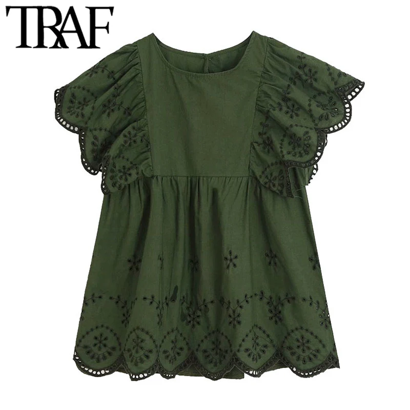 TRAF-blusas plisadas bordadas con cuello redondo para mujer, blusas Vintage de manga corta con volantes, Tops Chic