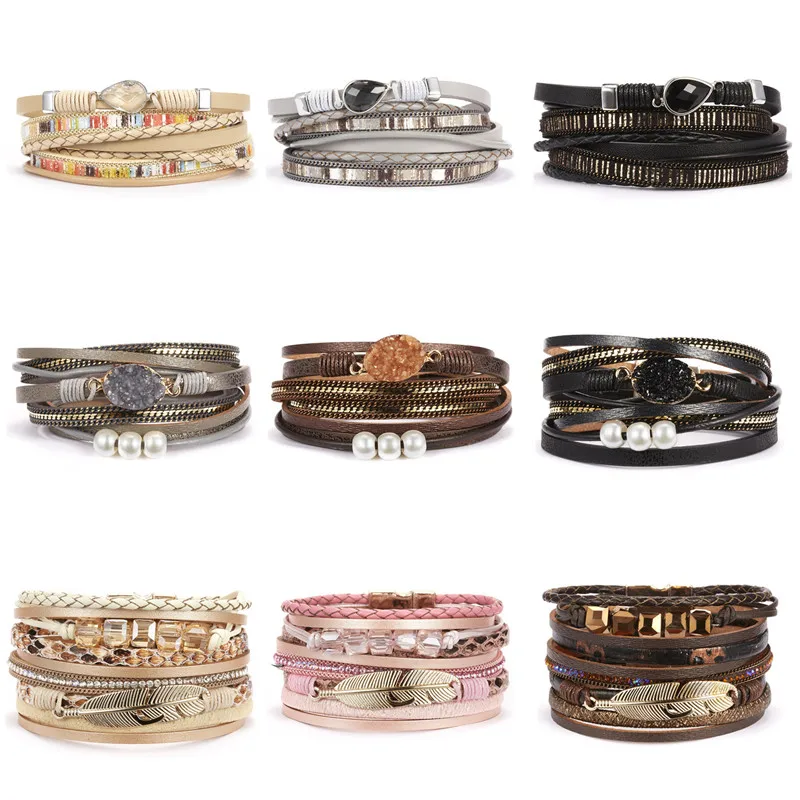 Модный Многослойный кожаный браслет, персональный Овальный гравий, жемчуг, кожа, магнитная пряжка, браслет ручной работы