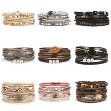 Модный Многослойный кожаный браслет, персональный Овальный гравий, жемчуг, кожа, магнитная пряжка, браслет ручной работы