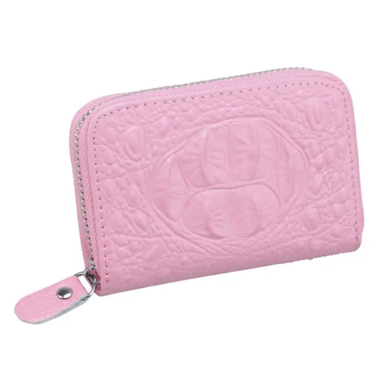 Unisex Genuine Leather Credit ID Card Holder Pocket Wallet Zip Coin Pocket Case - Цвет: Розовый