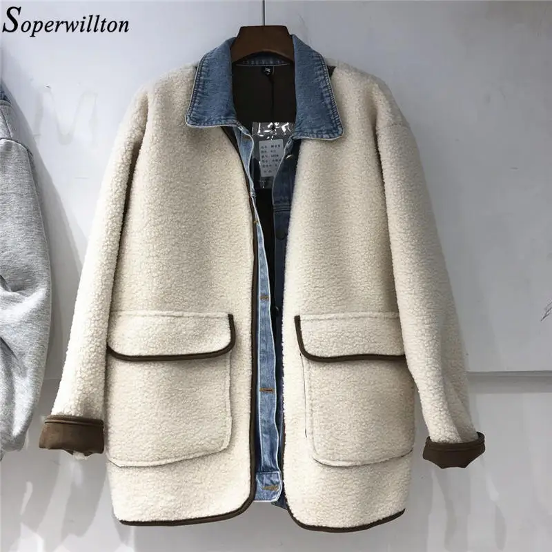 Autumn Winter Lambs Wool Coat Women Patchwork Denim Turn Down Collar Jacket Female Loose Outerwear Overcoat Abrigos Mujer - Цвет: beige