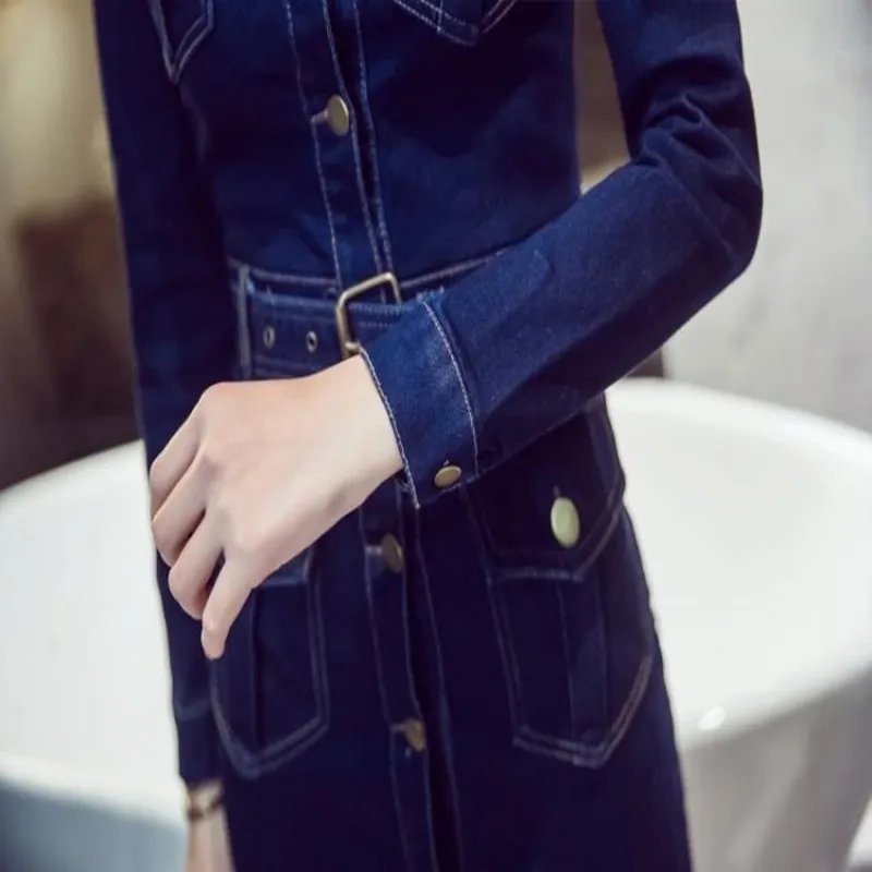 New Spring Autumn Women Dress Plus Size Fashion Turn-Down Collar Single Button Sashes Slim Jeans Dress For Women Denim One-Piece