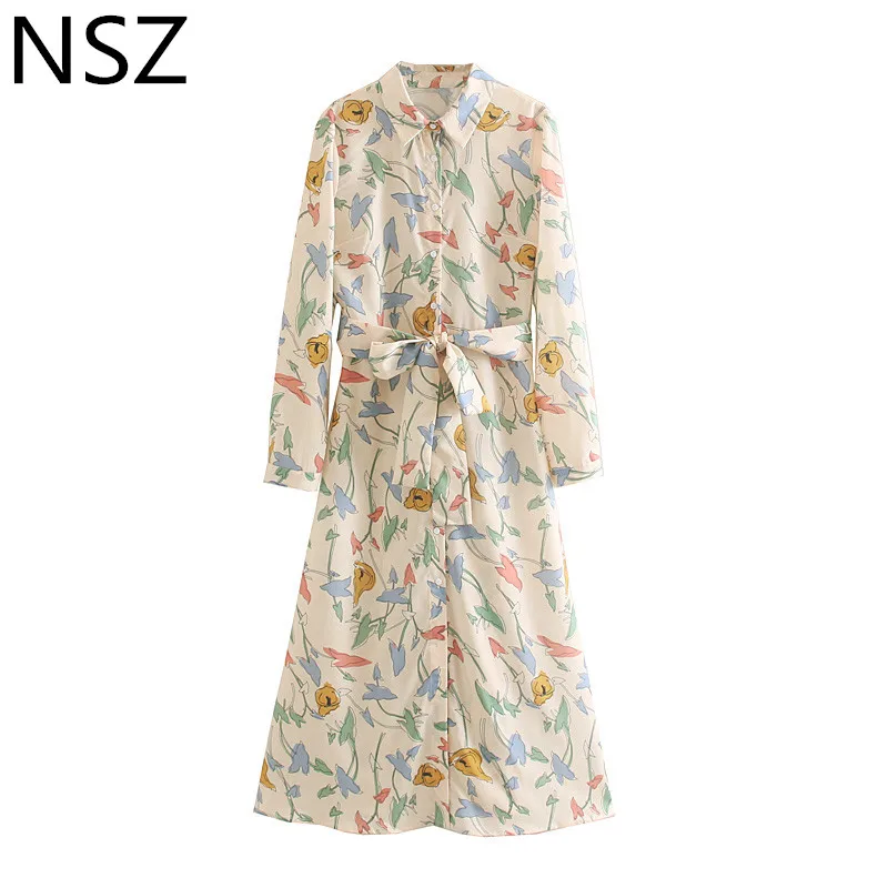 

NSZ Women Print Long Shirt Dress Elegant Long Sleeve With Belt Blouse Dress Button A-Line Midi Dresses Vestidos