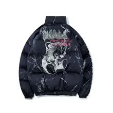 

New Men Cotton Padded Thick Parkas Jackets Streetwear Hip Hop Graffiti Bear Print Zipper Winter Coats Mens Fashion Casual Tops