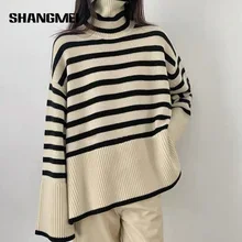 

Autumn Winter Women Turtleneck Warm Sweater Pullover Slit Hem Loose Fit Striped Sweaters Long Sleeve Female Retro Jumper Tops