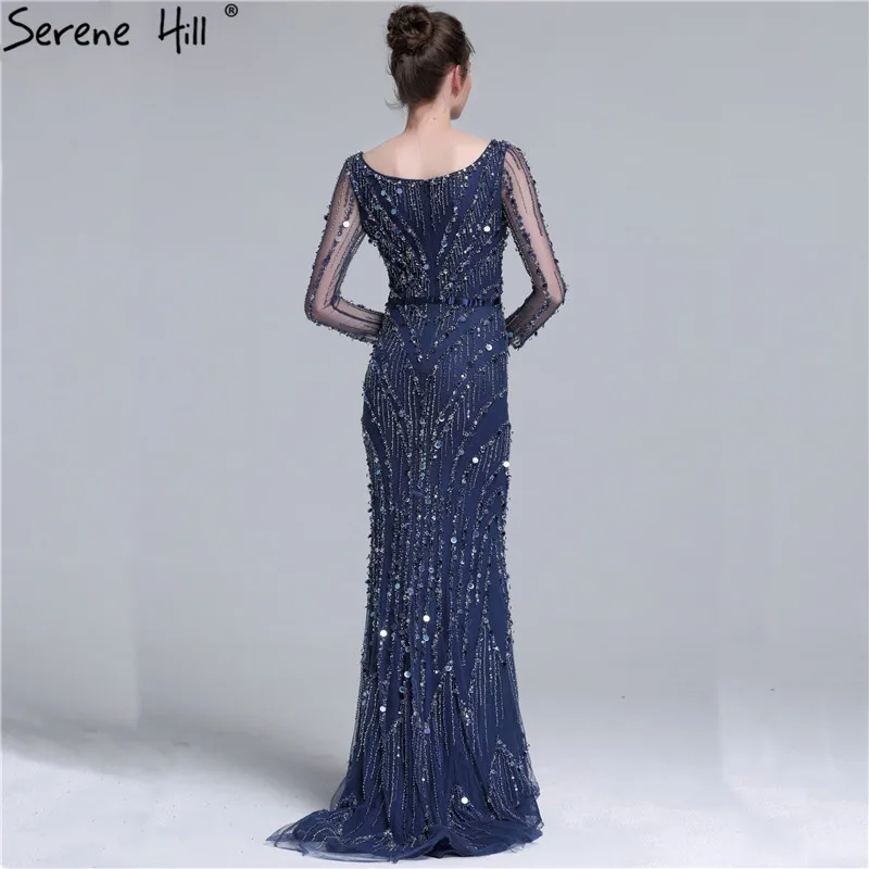 Дубай Robe De Soiree Роскошные вечерние платья с длинным рукавом настоящая фотография Кристалл Блестки темно-синий Русалка Вечерние платья BLA6010