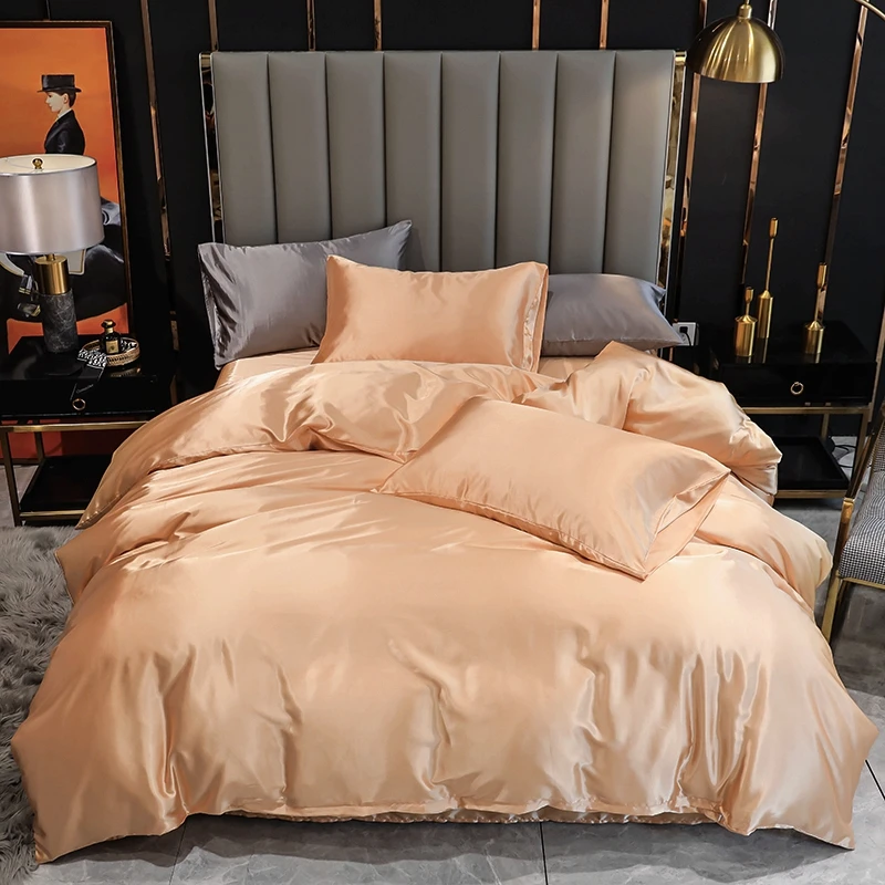 3Pcs Soft Satin Silk Comforter Duvet Covers Bedding Set King Single Pillowcase 