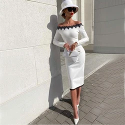 YiMinpwp Black and White Sheath Prom Dresses Off Shoulder Long Sleeve Knee Length Appliques vestidos de fiest Wedding Party Gown