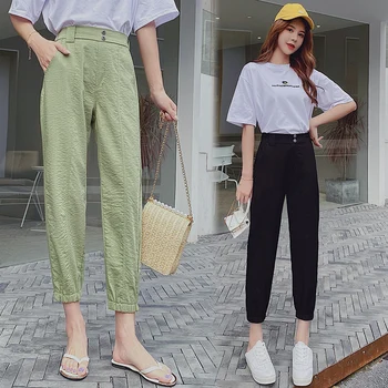 

Trousers Women Cotton And Linen Plus Size Summer Silk High Elastic Waist Loose Ankle-length Harem Pants