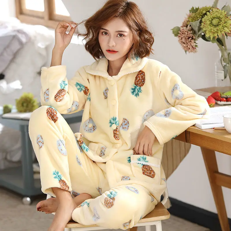 winterpajamas Комплект зимних пижам, женская одежда для сна, теплая Фланелевая пижама с длинными рукавами из бархата кораллового цвета, розовая Милая Домашняя одежда с животными, толстый домашний костюм - Цвет: winterpajamas