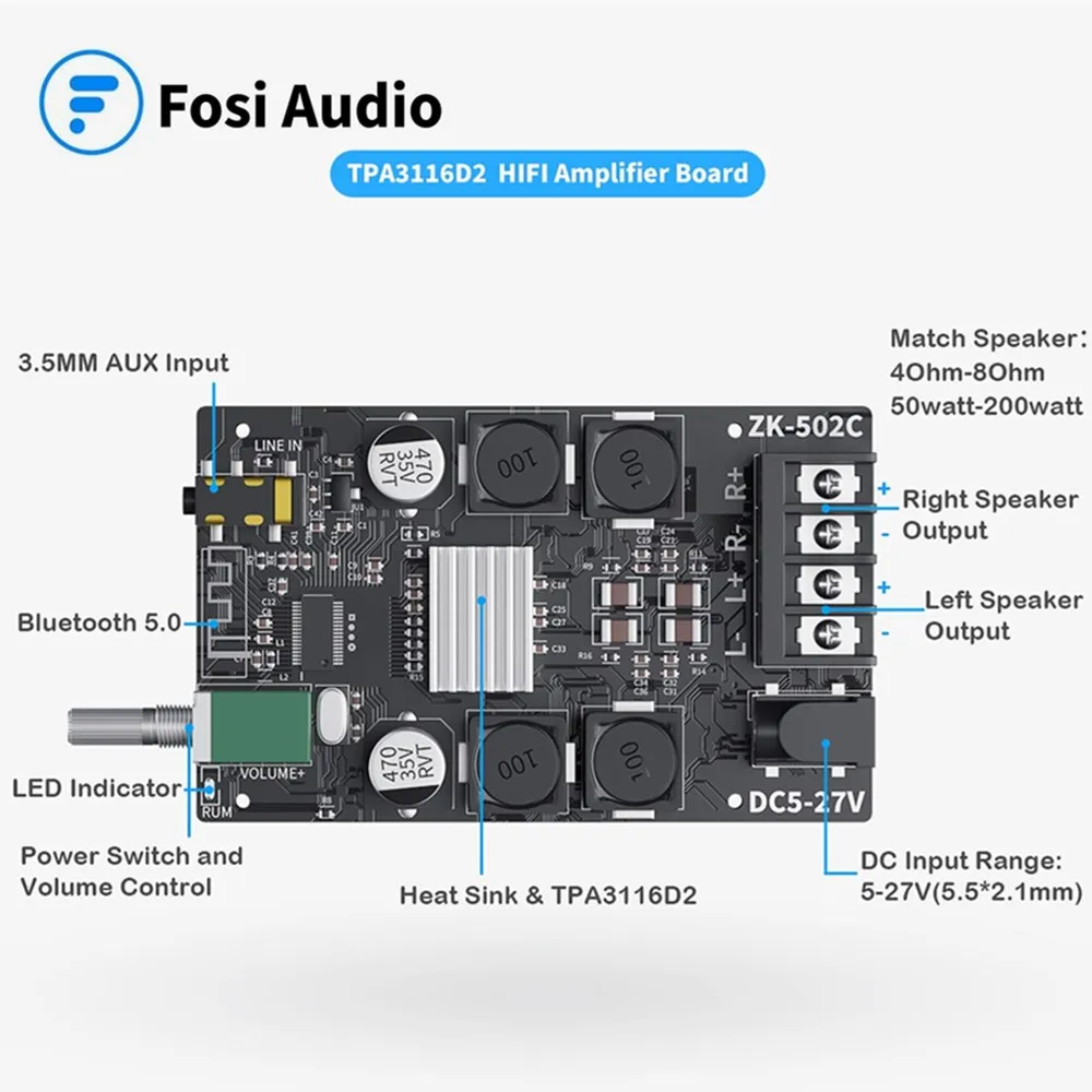 Плата усилителя Fosi Audio Bluetooth 5 0 2 каналов мини стерео аудио беспроводная