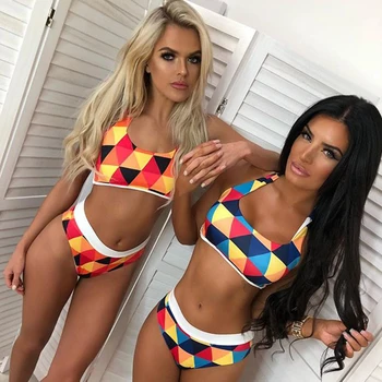 

Sexy High Waist Bikini Set Women 2019 Plaid Patchwork Swimming Suit For Women Summer Beach Wear Bandages Push Up Swimwear