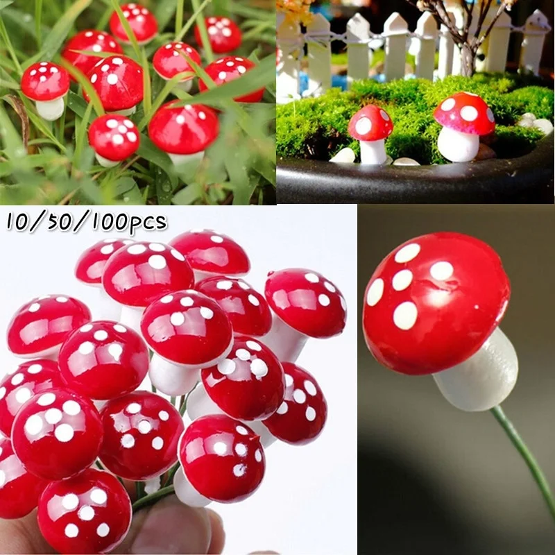 10/50/100pcs Artificial Mini Mushroom Miniatures Fairy Garden Moss Terrarium Resin Crafts Decorations Stakes Craft | Дом и сад