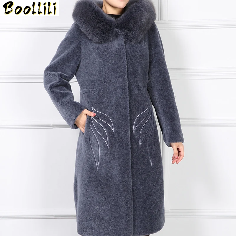 

Boollili 2020 Winter Jacket Women Clothing Real Fur Coat Female with Fox Fur Collar Hooded Thick Sheep Shearing Long Jackets