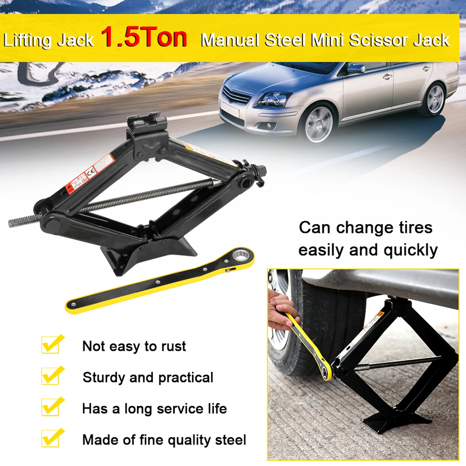 

Lifting Jacks Manual Steel Scissor Jack with 360 Degrees Rotatinghead 1.5T Auto Mini Machinisms Lift Jack Car Repairing Tools