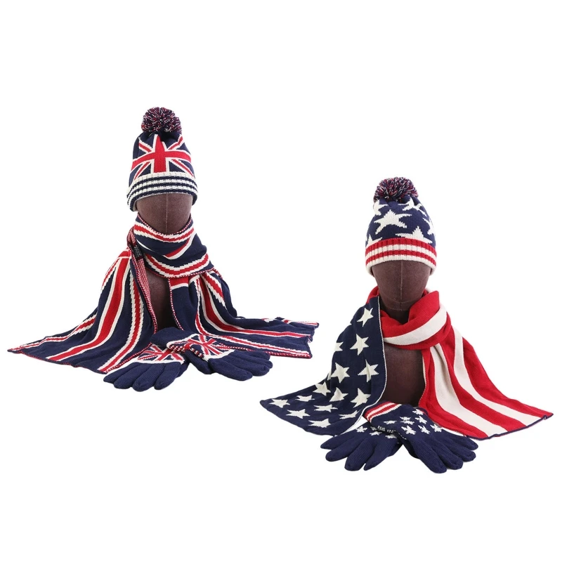 

Adult Winter 3Pcs UK British USA American Flag Beanie Hat Long Scarf Gloves Set