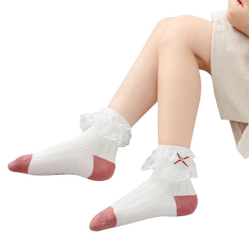 

Sweet Lace Trim Childrens Dancing Socks Spring and Autumn Basic Baby Girls Calf Length Socks