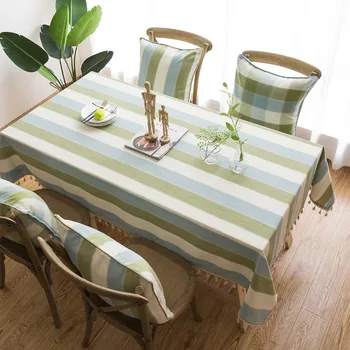 

Japanese and Korean Small Fresh Blue and Green Striped Tassel Tablecloth Table Decoration Fabric Cover Towel Table Cover