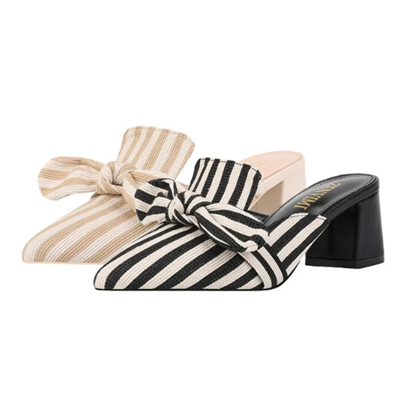 

2020 chun xia new style bowknot stripe slipper pointy thick heel female cool drag high heel female sole high heel
