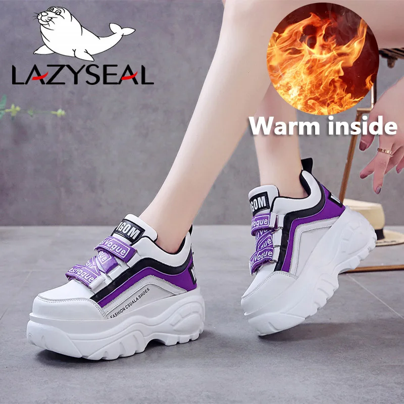 LazySeal ботинки на платформе; женские кроссовки, визуально увеличивающие рост; ботильоны для женщин; прогулочная обувь на не сужающемся книзу массивном каблуке с круглым носком и застежкой-липучкой - Цвет: Purple-Warm
