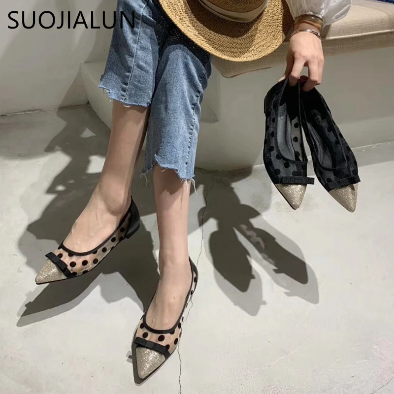 

SUOJIALUN Elegant Dot Women Flat Shoes 2019 Autumn Breathable Mesh Ballet Flats Ladies Causal Pointed Toe Slip On Ballet Flats Shoes